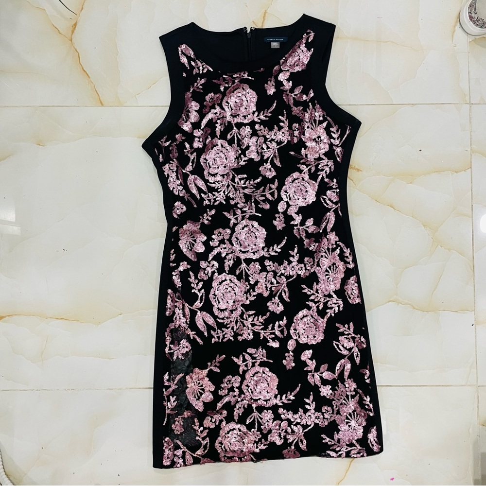 Tommy Hilfiger Black With Pink Floral Sequins Sheath Dress Womens Size 10